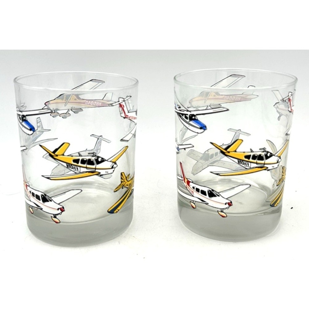 VTG Aviation Airplane Glasses, Cessna Airplanes, Mid Century lot of 2 12oz 4.25"